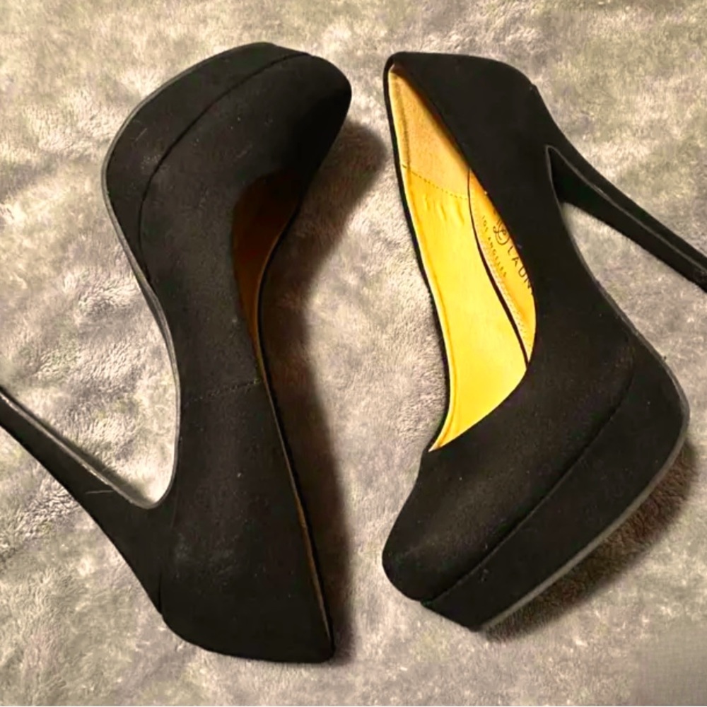 Used once, almost new classic black faux suede pumps